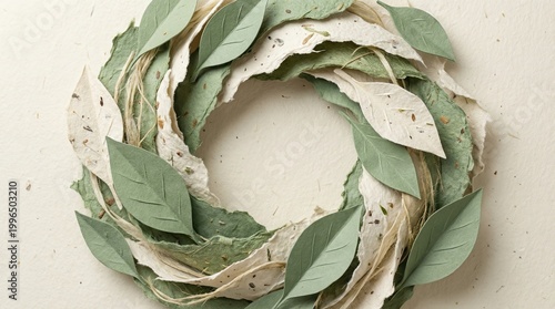 Abstract composition of handcrafted paper leaves and natural fibers arranged in a circular wreath. Copy Space