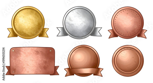 award medal set, gold silver bronze medals, winner badges, ranking icons, first place award, second place award, third place award, achievement seals, prize badges, quality certification, champion med