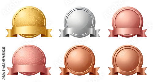 award medal set, gold silver bronze medals, winner badges, ranking icons, first place award, second place award, third place award, achievement seals, prize badges, quality certification, champion med