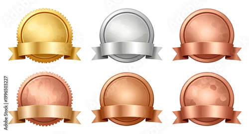 award medal set, gold silver bronze medals, winner badges, ranking icons, first place award, second place award, third place award, achievement seals, prize badges, quality certification, champion med