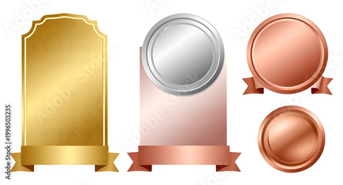 award medal set, gold silver bronze medals, winner badges, ranking icons, first place award, second place award, third place award, achievement seals, prize badges, quality certification, champion med
