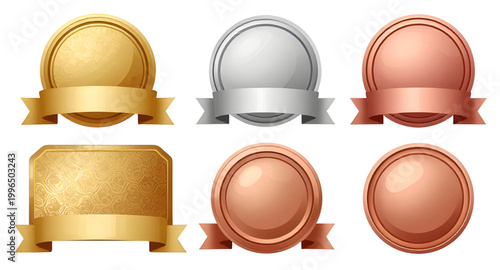 award medal set, gold silver bronze medals, winner badges, ranking icons, first place award, second place award, third place award, achievement seals, prize badges, quality certification, champion med