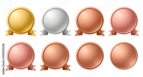 award medal set, gold silver bronze medals, winner badges, ranking icons, first place award, second place award, third place award, achievement seals, prize badges, quality certification, champion med
