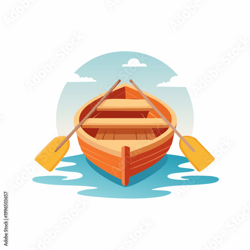 Wooden rowboat with oars on water