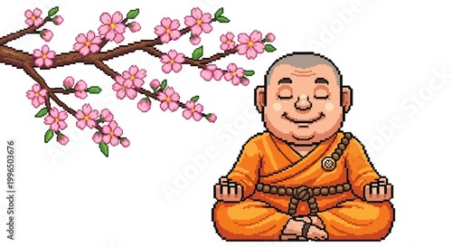 A serene Buddhist monk meditating peacefully under a blooming cherry blossom tree.