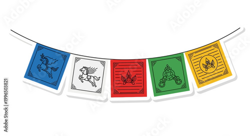 Prayer Flags on String, Buddhist Symbols, Wind Horse, Doodle Style