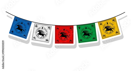 Colorful prayer flags with horse motif strung on a line, isolated on white background.