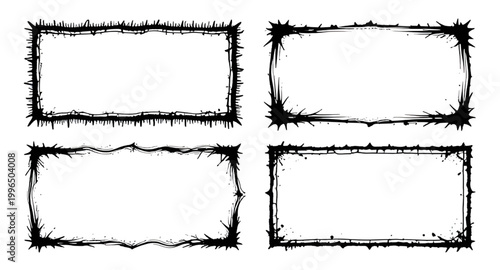 grunge frame set, black rectangle frames, distressed borders, rough edge frames, vintage grunge texture, dirty border design, worn frame elements, abstract grunge shapes, rectangular border set, desig