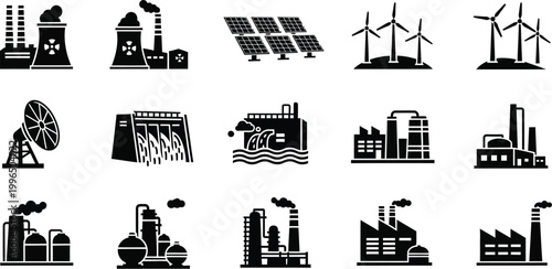Set of Industrial and Renewable Energy Power Plant Icons Featuring Solar Wind Hydroelectric and Fossil Fuel Facilities in Flat Black Vector Style