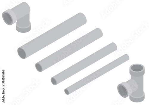 アイソメトリックな色々な形の塩ビパイプのイラストセット