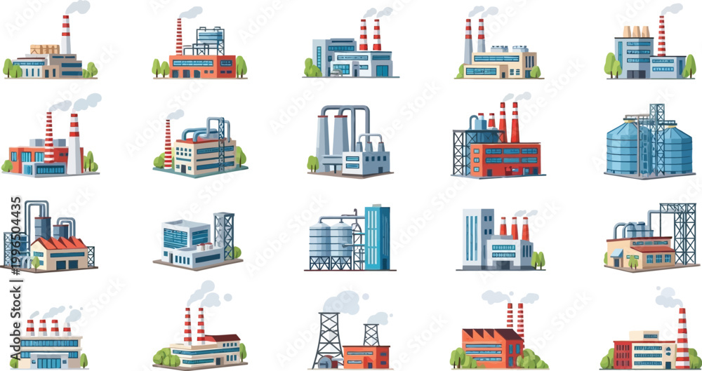 Fototapeta premium Set of Industrial Factory Buildings and Manufacturing Plants Vector Icons with Smoking Chimneys and Modern Infrastructure Elements for Urban Planning Projects