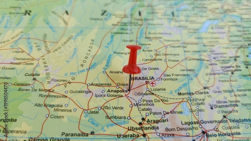 View of Anapolis, Municipality in the state of Goias in Brazil, on a geographical map of America, marked with red push pin