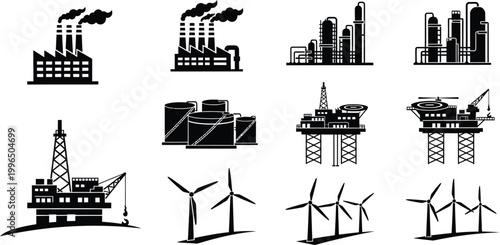 Set of Industrial and Energy Infrastructure Icons Featuring Factories Oil Rigs Refineries and Wind Turbines in Flat Black Vector Silhouette Style