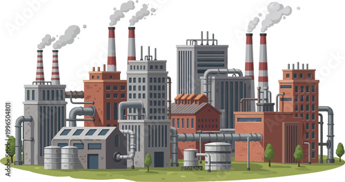 Industrial Factory Complex Vector Illustration Featuring Brick Buildings Steel Pipes And Smoking Chimneys On A Clean White Background For Manufacturing Concepts