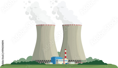 Flat Vector Illustration of a Nuclear Power Plant with Cooling Towers Emitting Steam Against a Clean White Background for Industrial Energy Concepts