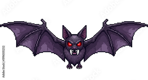 Spooky Halloween Bat with Glowing Red Eyes and Sharp Fangs.