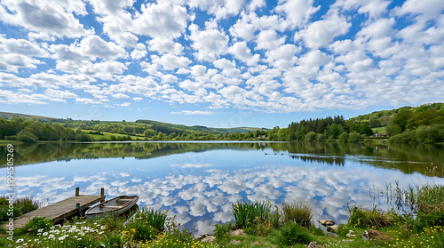 Small wooden boat docked at pier near calm lake under puffy white clouds water.