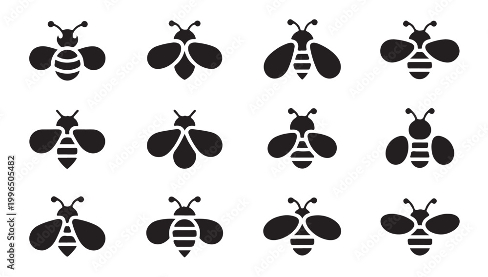 Fototapeta premium Collection of stylized bee icons in various designs and poses, simple graphic representations.