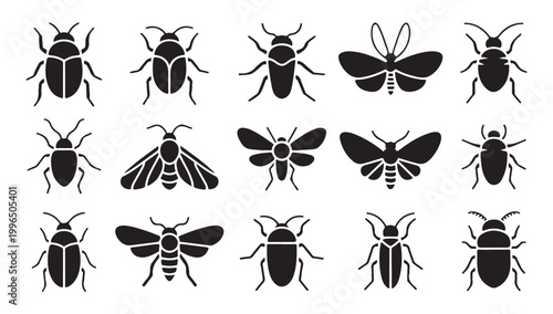 Minimalist insect icons showing various beetle and moth species in black and white profile.