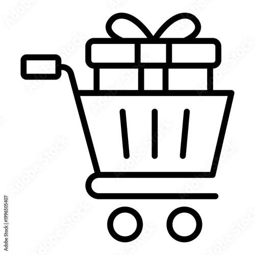 gift cart outline icon. shopping cart full of wrapped present. retail and holiday shopping. e commerce and festive