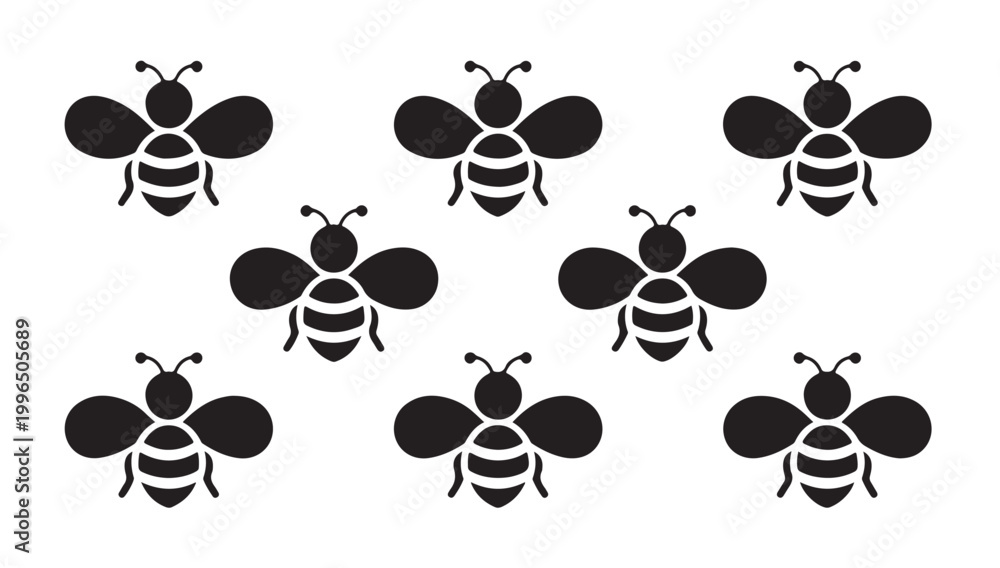 Fototapeta premium Set of black bee icon silhouettes on white background for nature and honey designs project.