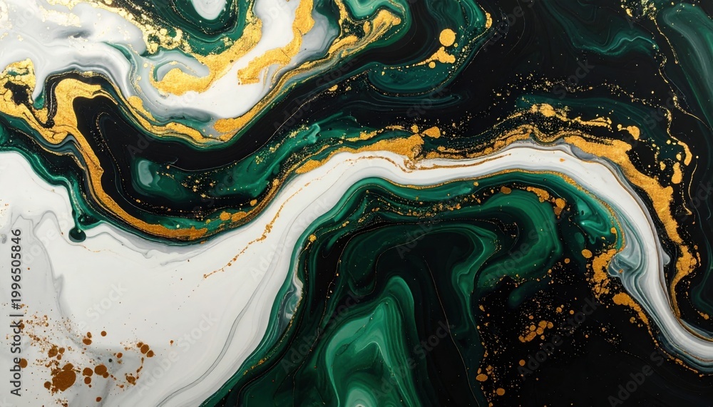 Fototapeta premium Luxury marble ink swirl abstract background black green gold elegant