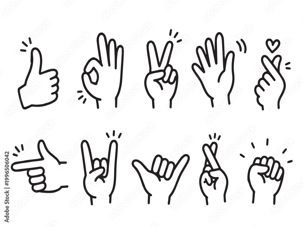 Obraz premium Hand gesture icons set thumbs up ok sign peace love finger signs outline collection