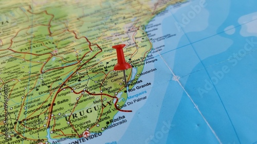 View of Pelotas, is a Brazilian city and municipality, the fourth most populous in the southern state of Rio Grande do Sul, on a geographical map of America, marked with red push pin