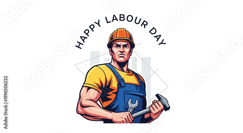 A muscular construction worker illustration, clad in blue overalls and a yellow shirt, holding a hammer and wrench in a vector graphic style against a clean white background for a Happy
