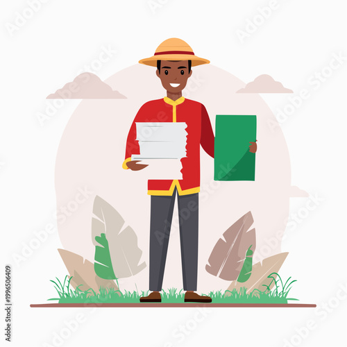 Man in Traditional Hat Carrying Papers and Folder
