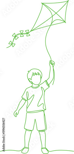 Boy Flying Kite Outdoors – Child Playing in Nature and Enjoying Freedom Vector Illustration