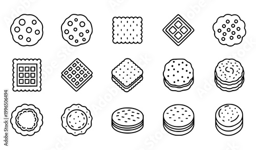 Cookies and biscuits icons set vector thin line waffle cracker baked snacks pictograms isolated white background