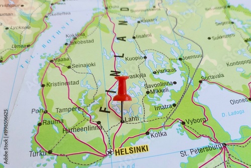 View of Lahti, is a city in Finland and the regional capital of Paijat-Hame, on a geographical map of Europa, marked with red push pin