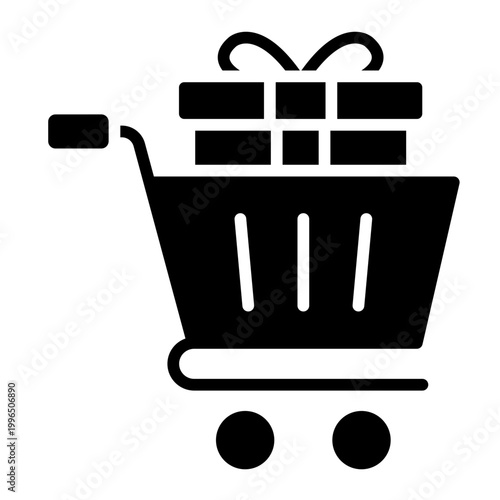 gift cart glyph icon. shopping cart full of wrapped present. retail and holiday shopping. e commerce and festive