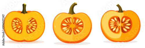 Pumpkin Cross Sections Showing Seeds and Vibrant Orange Flesh