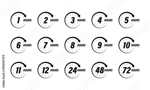 Hourly Duration Icons Set 1 to 72 Hours Circular Arrow Clock Timer Collection