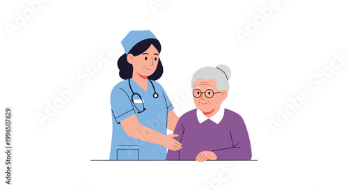 A friendly nurse in blue scrubs provides gentle care and support to an elderly woman with grey hair and glasses in a vector illustration.