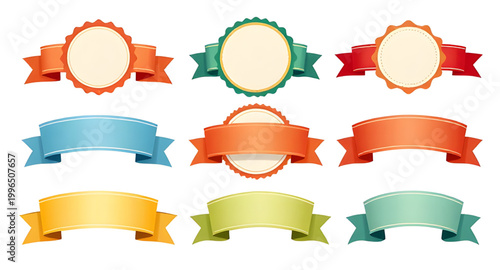 vintage ribbons, retro badges, award labels, decorative seals, classic emblems, vintage tags, ribbon banners, collectible badges, old style labels, ornamental ribbons, badge set, retro design elements