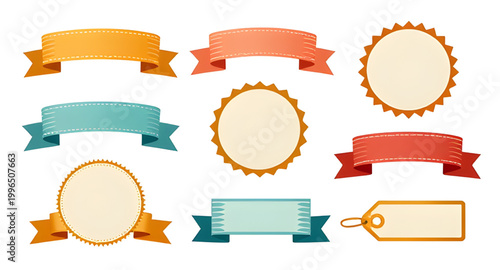 vintage ribbons, retro badges, award labels, decorative seals, classic emblems, vintage tags, ribbon banners, collectible badges, old style labels, ornamental ribbons, badge set, retro design elements