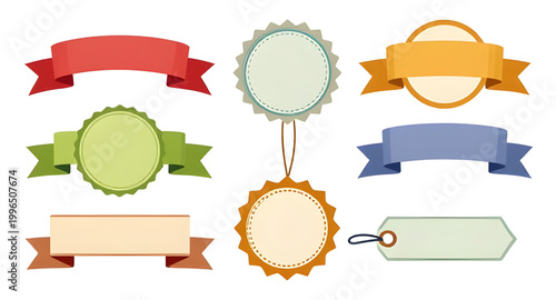 vintage ribbons, retro badges, award labels, decorative seals, classic emblems, vintage tags, ribbon banners, collectible badges, old style labels, ornamental ribbons, badge set, retro design elements