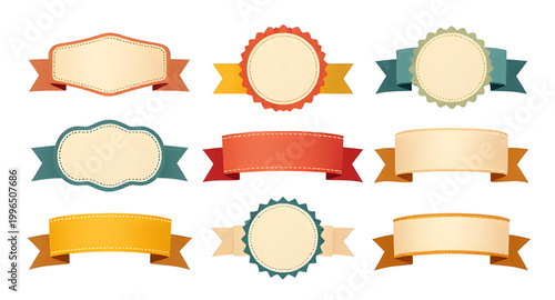 vintage ribbons, retro badges, award labels, decorative seals, classic emblems, vintage tags, ribbon banners, collectible badges, old style labels, ornamental ribbons, badge set, retro design elements