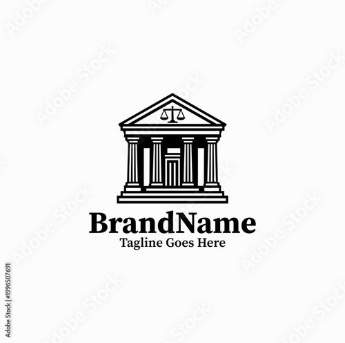 A courthouse building with columns is illustrated as an institutional law logo design monochrome formal
