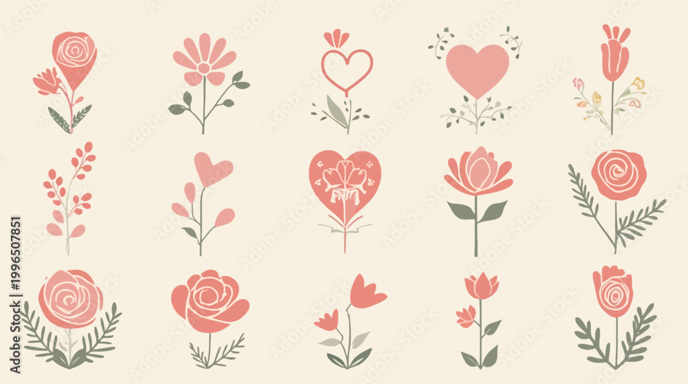 Fototapeta premium A charming collection of minimalist pink floral and heart vector illustrations is presented on a light background.