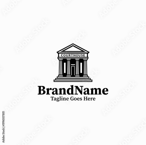 A courthouse building with columns is illustrated as an institutional law logo design monochrome formal
