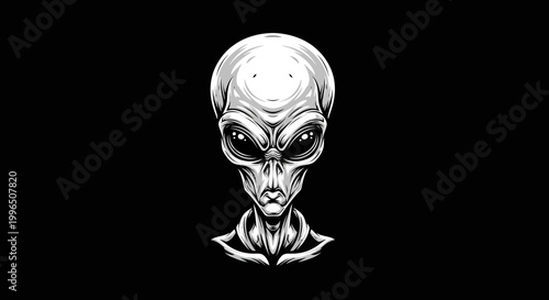 Detailed illustration of a grey alien head against a black background
