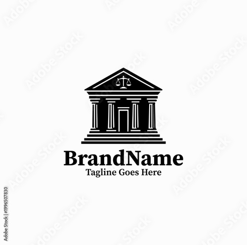 A courthouse building with columns is illustrated as an institutional law logo design monochrome formal
