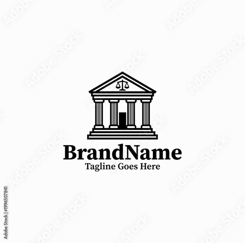 A courthouse building with columns is illustrated as an institutional law logo design monochrome formal
