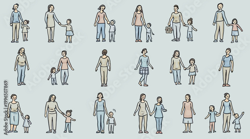 Diverse illustrations featuring adults and children holding hands, symbolizing family bonds and care.