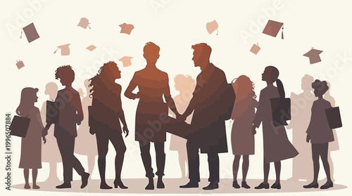 Diverse student and graduate silhouettes celebrate academic achievement with flying caps and diplomas.