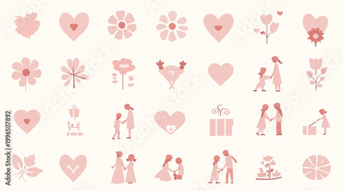 Lovely flat design icons of hearts, flowers, and family moments